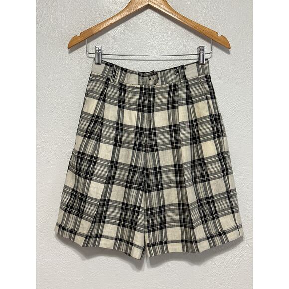 Rafaella Pants - VTG Linen Fall Mom Bermuda Shorts 8 Black Cream Plaid Jorts City Fall Preppy